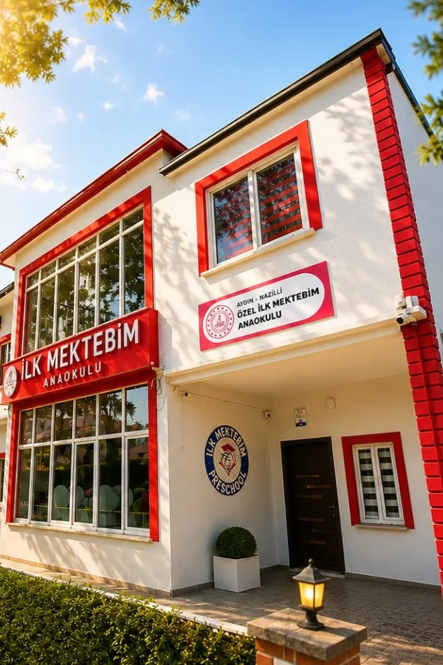 Özel İlk Mektebim Anaokulu binası: kırmızı-beyaz cephe, İlk Mektebim tabelası ve bahçe girişi